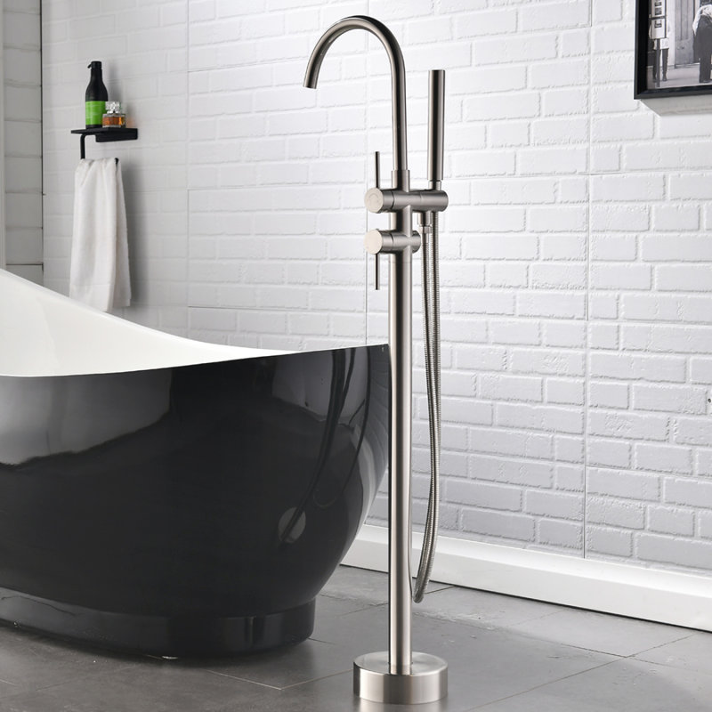 Robinet de baignoire autoportant monocommande à fixation au sol avec douche à main (nickel brossé), Nickel brossé