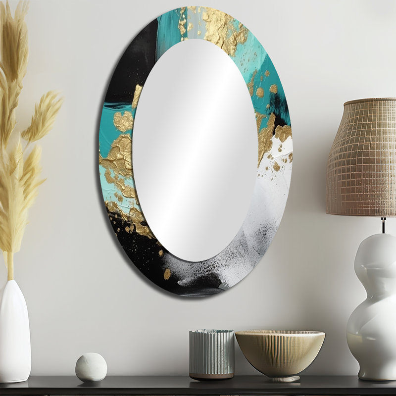 Full Moon Happiness Gold & Turquoise Abstract I - Blue Oval Wall Mirror Decor, 36" x 24"
