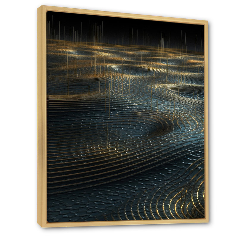Toile abstraite dorée reflétée sur des vagues concentriques I - formes abstraites, 40" H x 30" W, Cadre naturel flottant