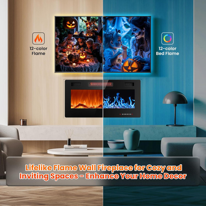 36 Inch Electric Fireplace Inserts, in-Wall Recessed and Wall Mounted 750/1500W Fireplace Heater, Touch Screen, Remote Control with Timer, Adjustable Flame Color and Speed