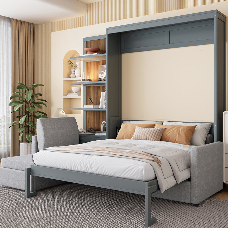 Gray Queen Size Bed Wall With And Shelves, Perfect For Small Apartments, Functional Comfortable Space - Saving Option , Sleeping