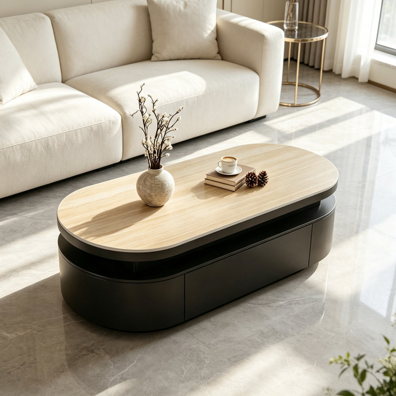 Table basse moderne avec tiroirs de rangement grande capacité, H 15,74 po x l 39,37 po x P 19,68 po, Brun clair / noir