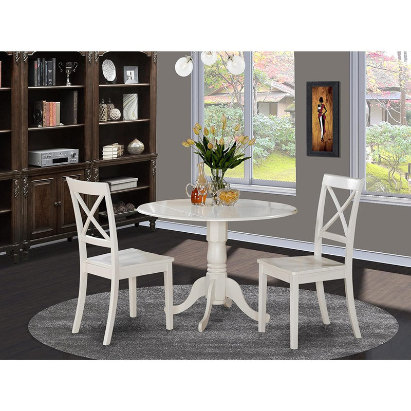 L'ensemble de table de salle à manger 3 pièces contient une table de cuisine ronde avec Dropleaf et 2 chaises de salle à manger, 42 x 42 pouces, lin blanc
