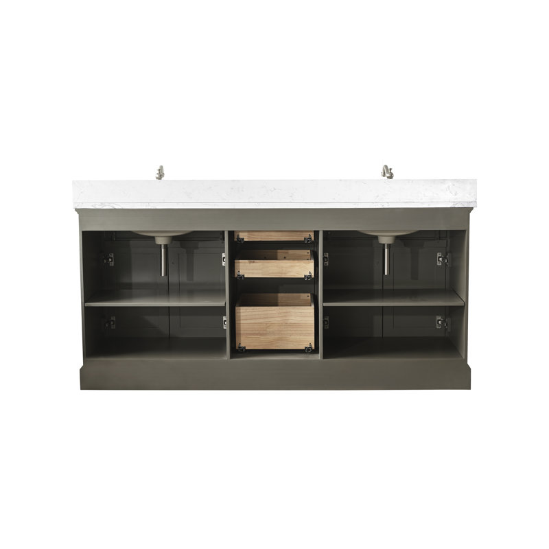 Meuble-lavabo double avec plateau en pierre artificielle Currahee, Gris argenté / nickel brossé
