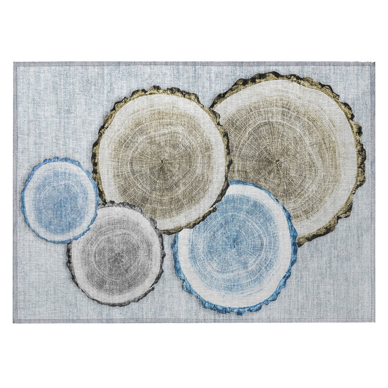 2' X 3' Blue Gold and Gray Faux Bois Washable Non Skid Indoor Outdoor Area Rug