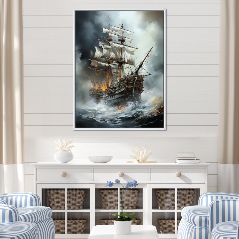 «Stormy Seas Corsairs Pirate Ghost Ship» sur toile, Cadre flottant blanc, H 40 po x l 30 po x P 1,5 po