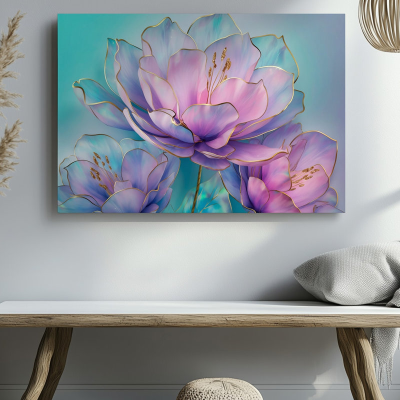 Toile, vue rapprochée révélant des fleurs translucides délicates dans un art mural doux aux tons pastel de rose et de lavande