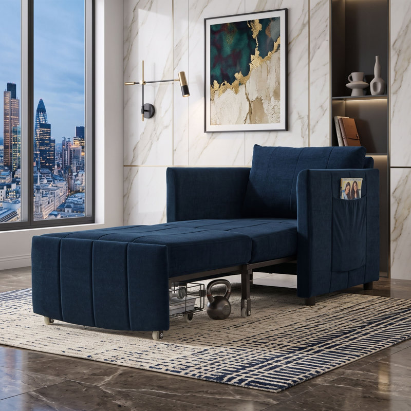 Chaise longue convertible en chenille avec dossier réglable et rangement, Bleu