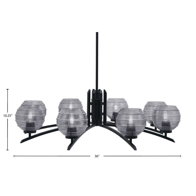 Kurve 8 Light Chandelier Shown In Matte Black Finish With 6" Ribbed Glass, Smoke