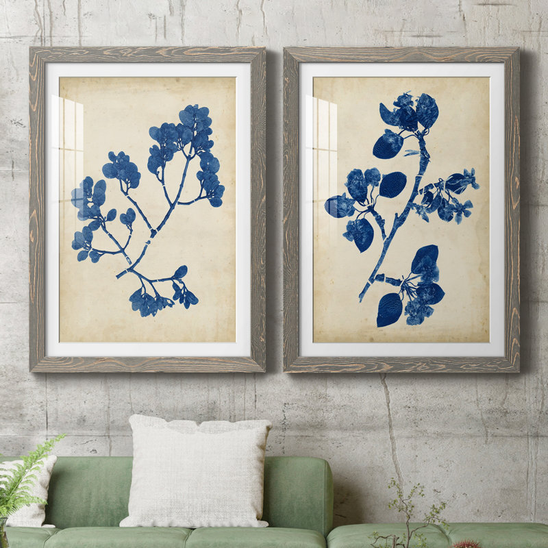 Indigo Leaf Study II, H 24 po x l 36 po x P 1,5 po, Cadre en papier gris, Blanc