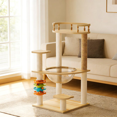 Tour à chat 32,2 po, tour à chat en bois pour chats d'intérieur, arbre à chat avec poteaux à griffes recouverts de sisal et perchoir supérieur, condo pour chat avec hamac en acrylique et jouets pour petits chats