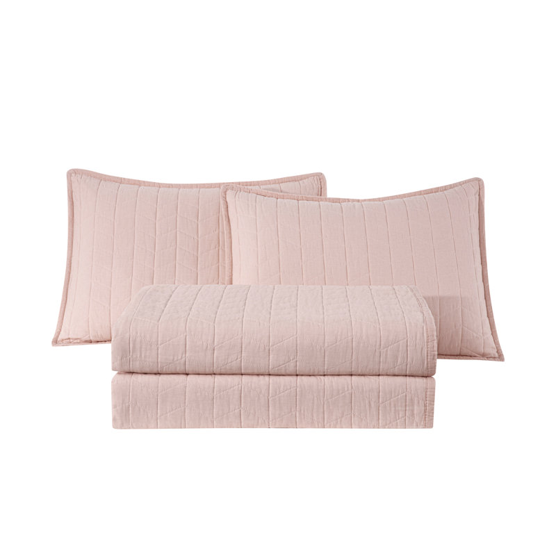 Solid Color Embroidery Stitching Cotton Quilt Sets Cotton Quilt, Blush, Queen Quilt + 2 Standard Shams