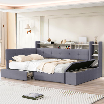 Twin Size Upholstery Daybed with Storage Footstool and Shelves, with Two Drawers, USB Charging and LED Light, Beige