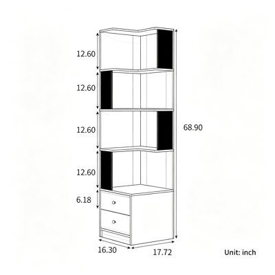 Bibliothèque d'angle avec tiroirs, bibliothèque d'angle à 4 niveaux avec déflecteur, présentoir autoportant en forme de L avec lumières à DEL pour le bureau à domicile, le salon, la chambre à coucher et la cuisine