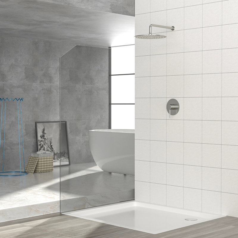 Robinet de douche à pluie 10 po, valve en nickel brossé, fixation murale, installation facile et valve à étincelle avec tête de 10 po équilibrée, installation de nettoyage