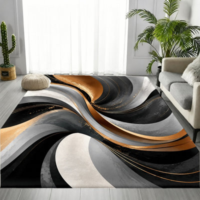 Tapis abstrait tourbillon moderne, motif fluide noir et or gris, tapis antidérapant lavable à la machine, décoration intérieure artistique pour salon, chambre à coucher, entrée, cuisine, appartement