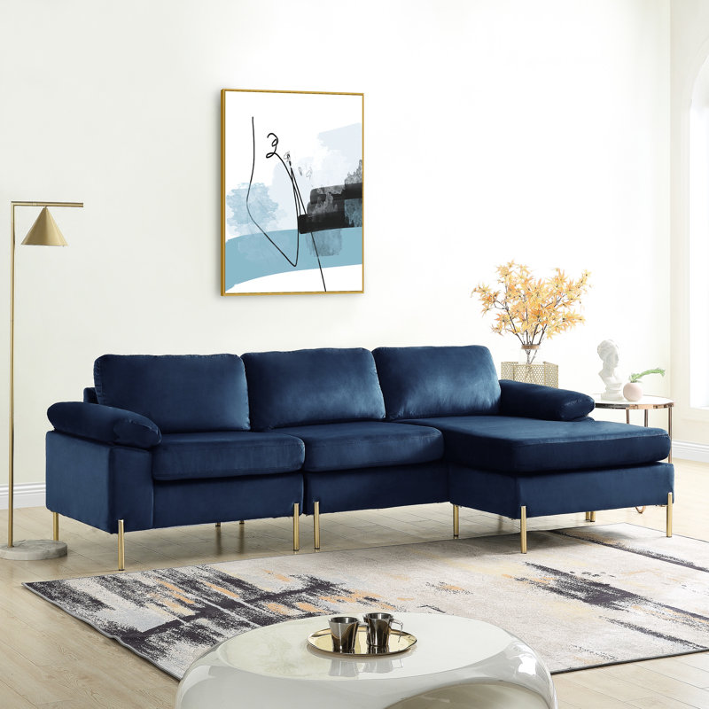 Velours bleu avec méridienne, canapé modulaire en forme de L, structure en bois massif sur pieds en métal avec finition dorée, accoudoirs, coussins de dossier et de siège amovibles remplis de mousse, 102,64 po de largeur, 52,19 de profondeur, 32,62 de hauteur
