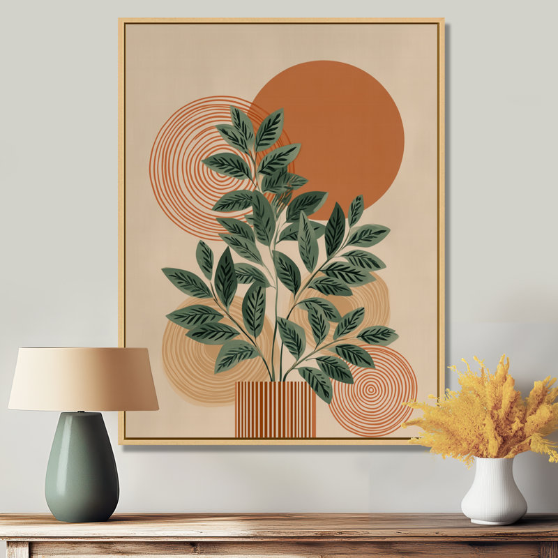 «Green and Orange Minimalisme Herb Elegance», reproduction d'art sur toile botanique verte, H 32 po x l 24 po, Cadre flottant