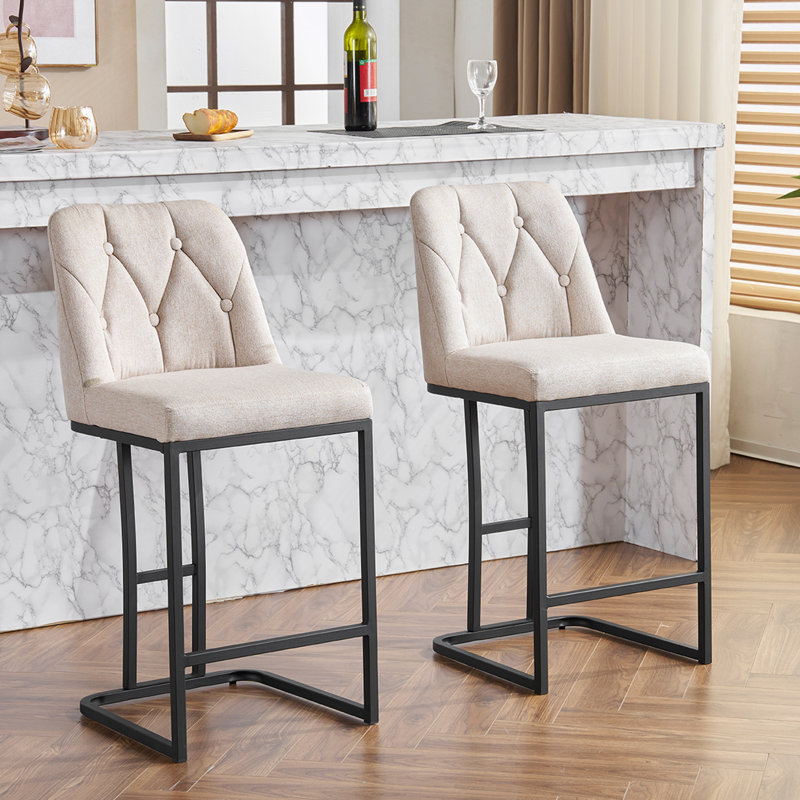 Upholstered Bar Stools Set of 2 with Sturdy Metal base and Button-Tufted Backrest, Beige