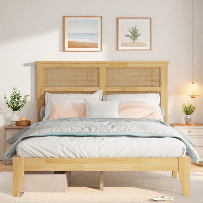 Wooden Platform Bed With Rattan Headboard And Two Storage Drawers