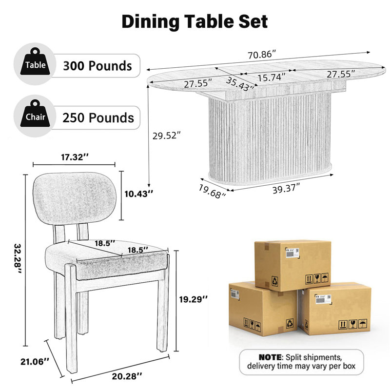 Modern 55.11"-70.86" MDF Extendable Dining Table Set For 4-6 With Chenille Upholstered Chairs, Space Saving Expandable Kitchen & Dining Room Furniture Set, Stylish Comfortable Dinner Table Set