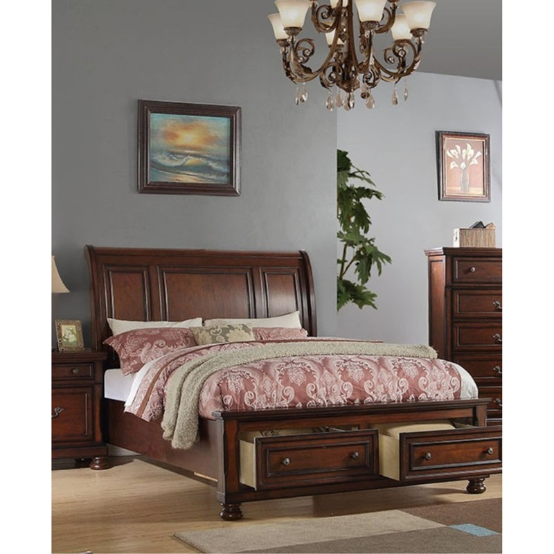 Cerisier - Très grand lit traditionnel tonique avec tête de lit à panneau et tiroirs de style fermeté tissés, California King