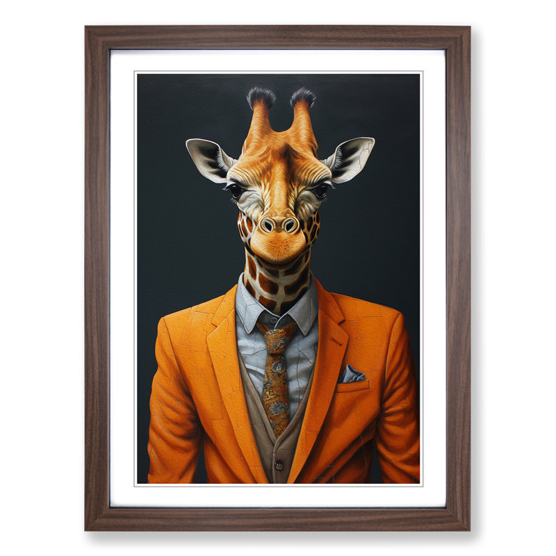 Giraffe In A Suit Painting - Single Picture Frame Print on Wood, Walnut, 46cm H x 34cm W x 2cm D