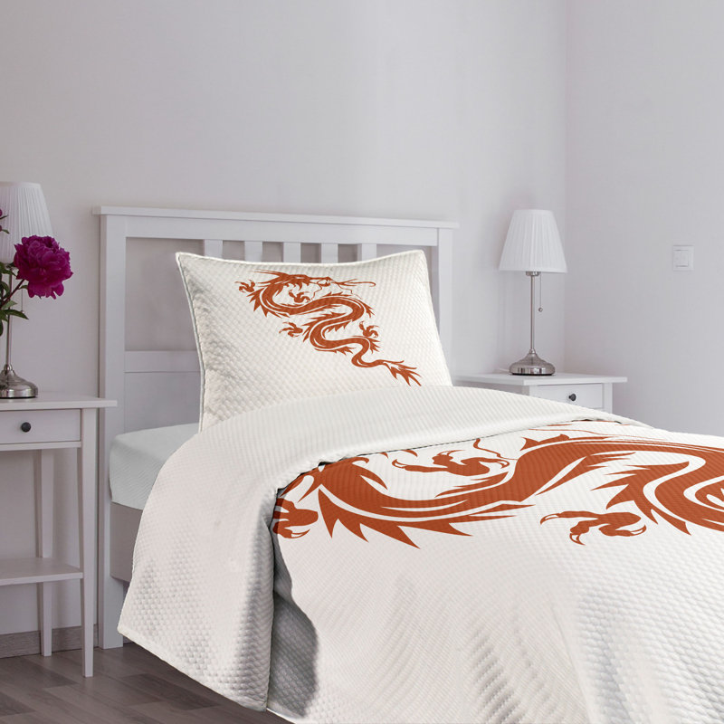 White Quilted Twin Bedspread Set with Fiery Dragon Design