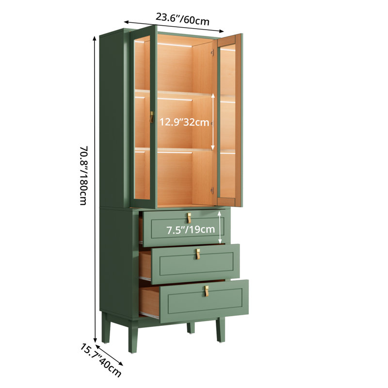 Garde-manger 71 po H vert sauge avec lumières DEL, portes en verre, quincaillerie de couleur laiton et poignées en cuir véritable