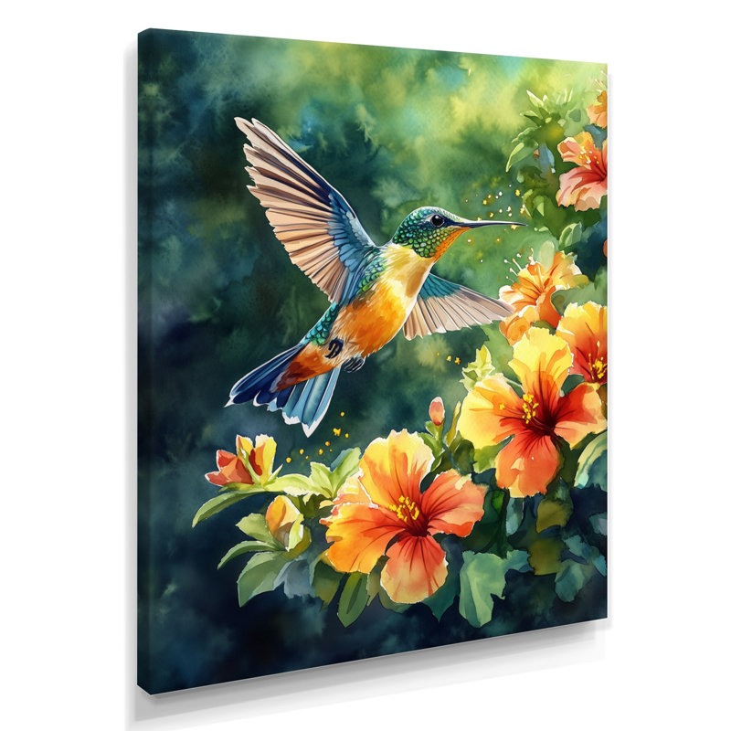 Hibiscus, art mural colibri, Dicleville, H 32 po x l 16 po, Toile tendue