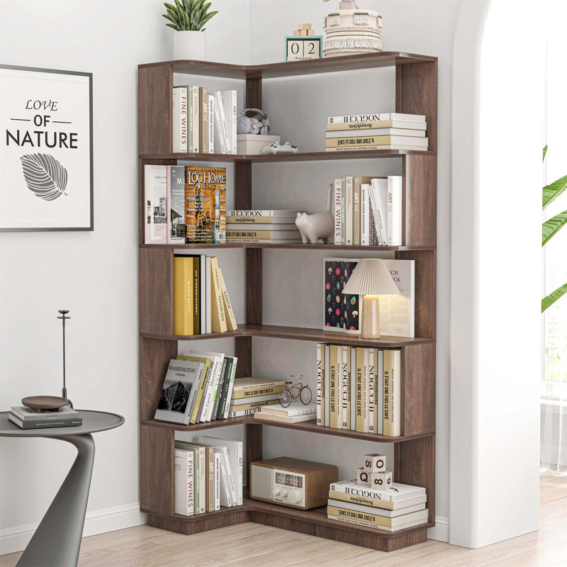 90cm Extended 5-Tier L-Shaped Corner Bookshelf with Anti-Drop Panel and Tipping Device for Home Office and Living Room