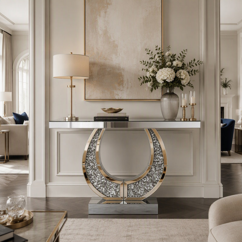 Console miroir de 115 cm avec cadre en forme de O et incrustation en losange pour salon