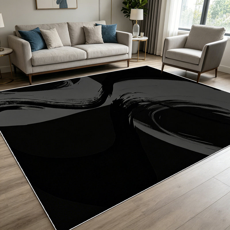 1PC Black and Gray Abstract Fluid Swirl Modern Minimalist Art area rugs for Living Room, Soft and Comfortable, Suitable for all seasons, easy-to-maintain, machine washable Indoor floor mat, Under Table Farmhouse suitable for dining table, bedroom,