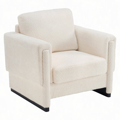 Upholstered Accent Armchair with Solid Wood Armrests, Boucle Fabric Square Arm Club Chair with Thick Cushion, Sled Base Side Chair for Living Room and