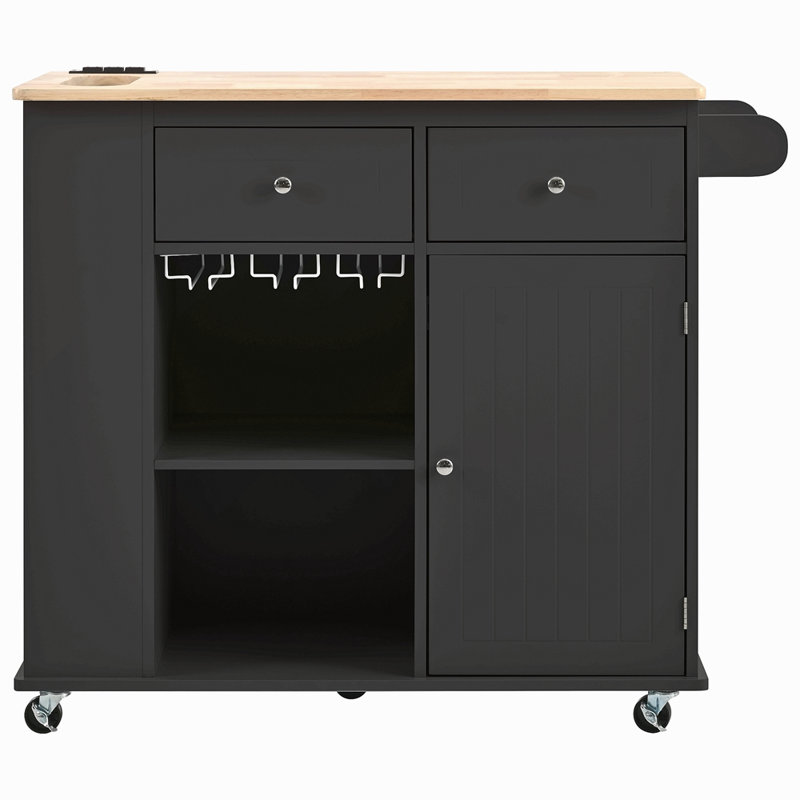 Îlot de cuisine avec prise de courant, îlot de rangement avec abattant et bois d'hévéa, rangement ouvert et support à vin, 5 roulettes, avec rangement réglable pour la maison, la cuisine et la salle à manger