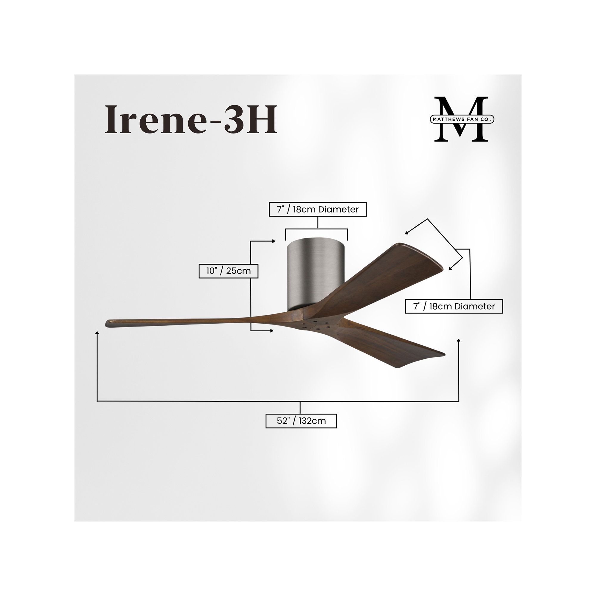 Olivier 3 Blade Ceiling Fan, Brushed Pewter, Walnut Tone, 52"
