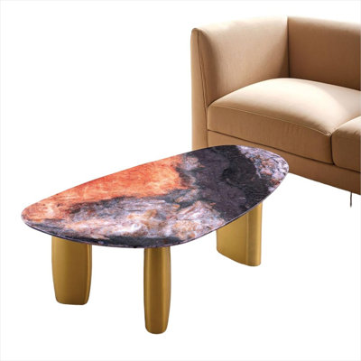 Coffee Table Living Room Black Cool Gray Sintered Stone Top Matte Gold Stainless Steel Legs 51 Inch Modern Rectangle