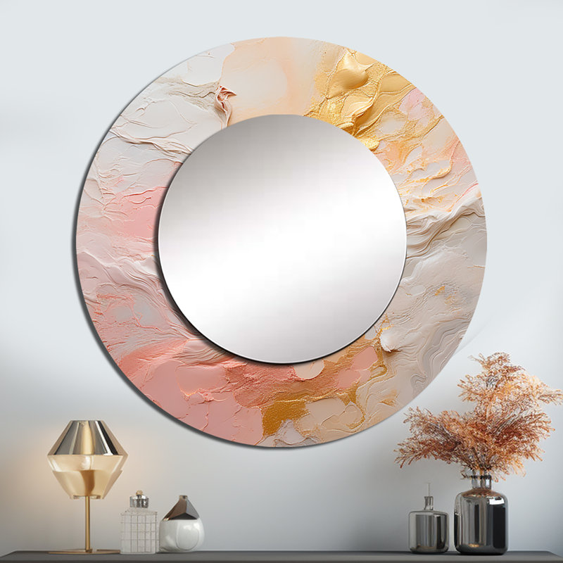 Or et peinture rose Fusion I - peinture murale abstraite, miroir rond beige, reproduction d'art en métal, 23 po x 23 po