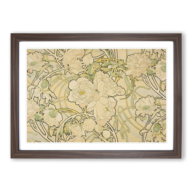 Peonies by Alphonse Mucha - Picture Frame Painting, 36cm H x 48cm W x 2cm D, Walnut Framed