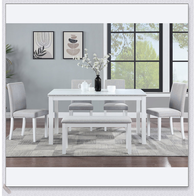 Ensemble de table de salle à manger 6 pièces en bois avec 4 chaises rembourrées et banc, table rectangulaire avec décoration en cristal pour une salle à manger élégante