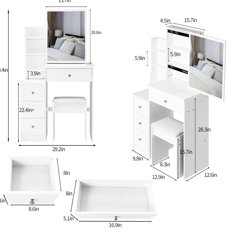 Small Space Left Bedside Vanity Cabinet With Cushioned Stool, Extra Large Sliding Mirror, Multi-Layered Storage, Modern White Dresser For Areas Table Tiny Spaces, Padded Seat & Multi-Layer Compact