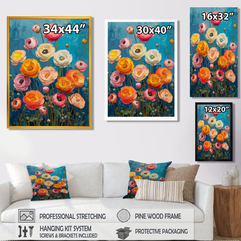 Rose, orange, vibrations vibrantes - Renoncule - Art mural, H 20 po x l 12 po x P 1 po, Toile tendue
