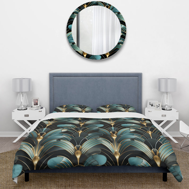 Literie à motif damas émeraude et or Art Deco, Housse de couette pour très grand lit et 2 très