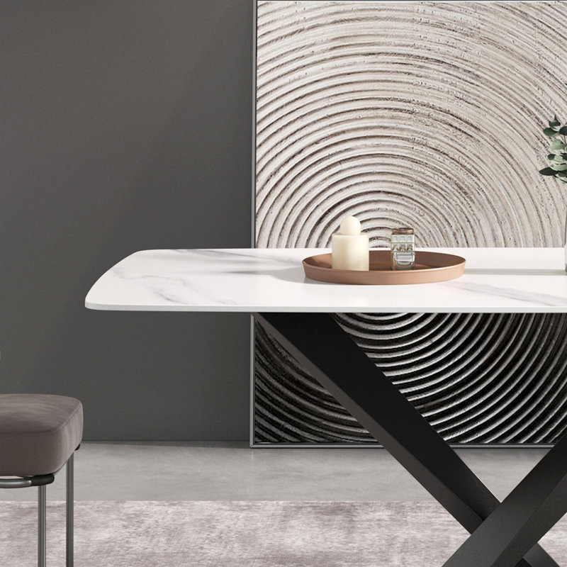 Quiara Stone Top Metal Base Dining Table, White, Black