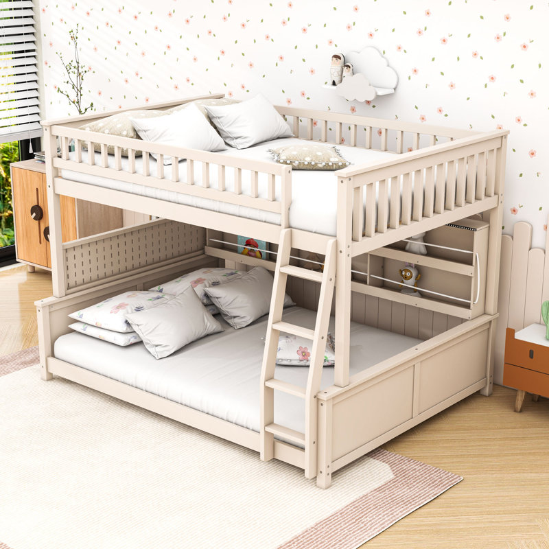 Lit superposé en bois avec rangement intégré et conception convertible, Double TG sur grand, Beige