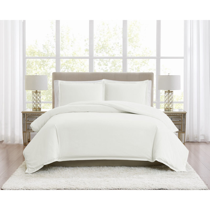 Borghese Roma 400TC Percale Cotton 3 Piece Duvet Set, Queen Duvet Cover + 2 Shams, White