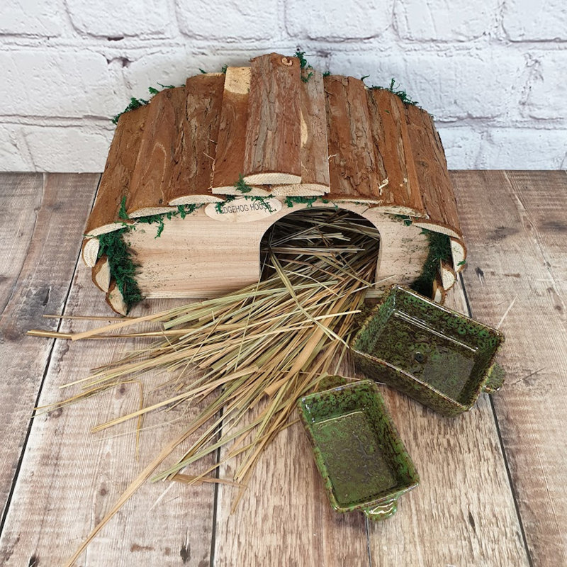 3 Piece Ceramic Food, Water Dish, Nesting Straw Freestanding Hedgehog House Set