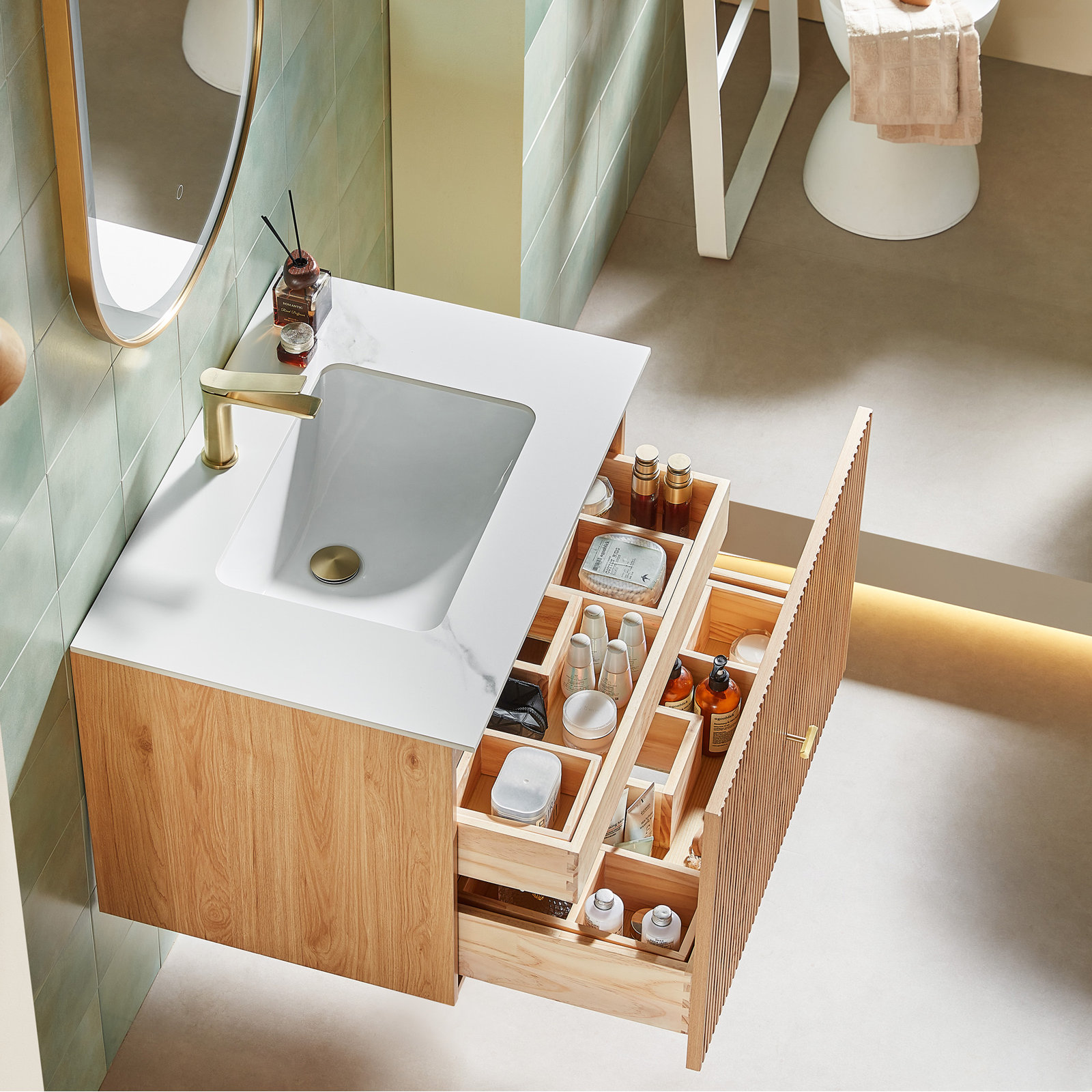 Jamell Single Bathroom Vanity, White, Natural Oak
