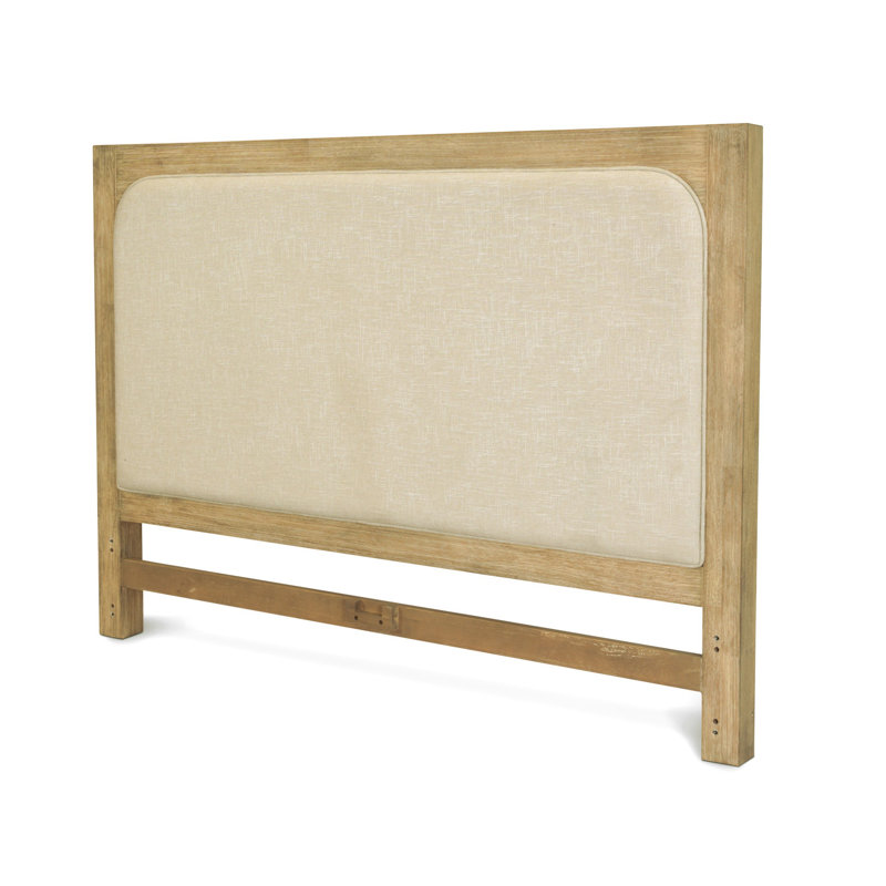 Luxurious Modern King Upholstered Headboard with Solid Malaysian Oak Frame, Weathered Natural Finish, Cream Fabric Upholstery, Sleek Low-Profile Design, and Easy Attachment to Metal Bed Frames