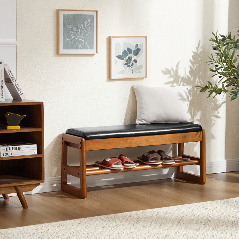Élégant banc rembourré en similicuir pour chaussures avec rangement, H 15,7 po x l 39,3 po x P 13 po, Noir